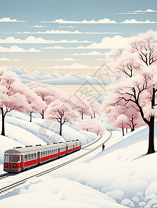 唯美轨道火车穿越过雪地插画