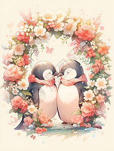 甜蜜恋爱两只可爱企鹅背景图片