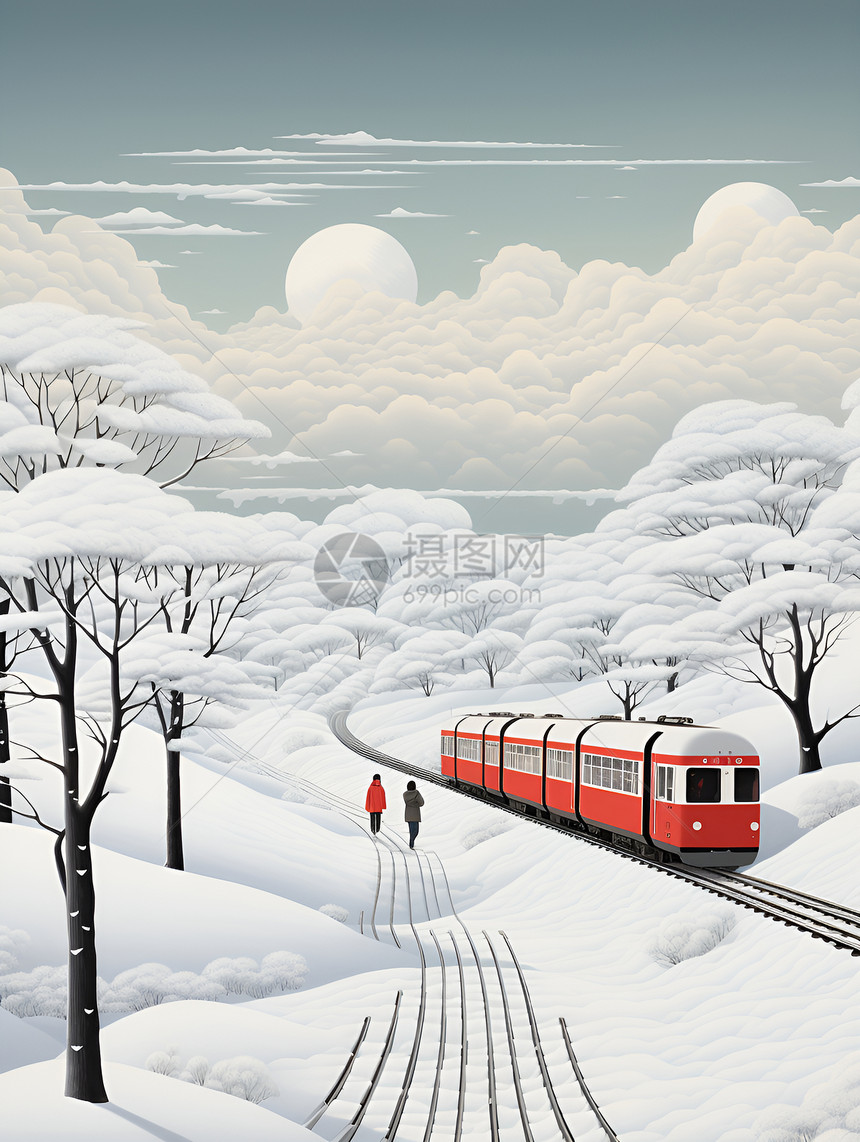 红色火车穿越白雪森林图片
