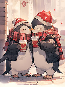 情侣可爱插图冬日恋歌的企鹅情侣插图插画