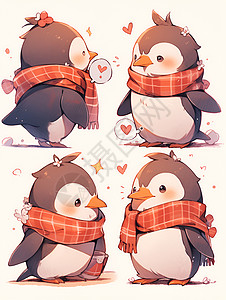 浪漫的卡通企鹅情侣插图背景图片
