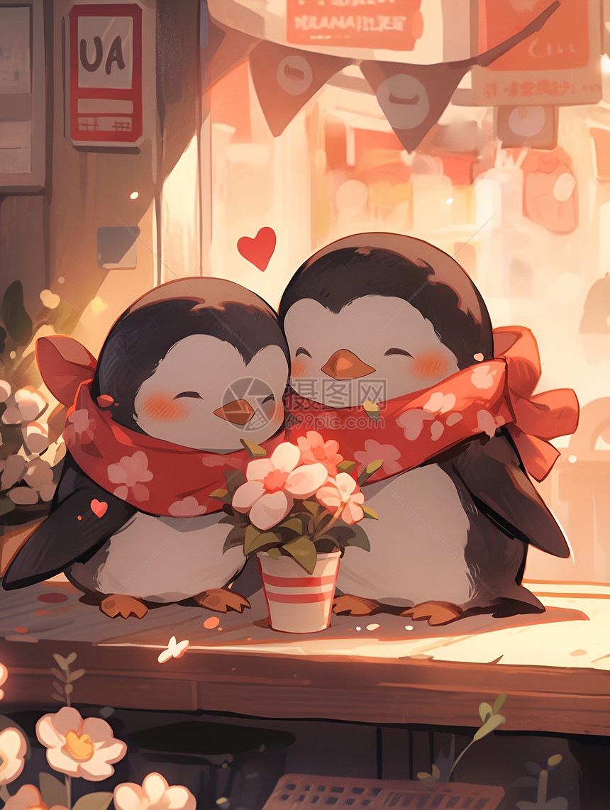 可爱的卡通企鹅情侣插图图片