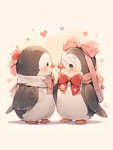 卡通企鹅恩爱甜蜜可爱的企鹅情侣插画
