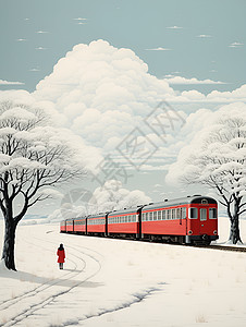 雪地列车冬季雪地中穿梭的火车列车插画