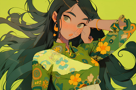 动漫风格的绿衣少女插图背景图片