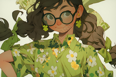二次元动漫风格的绿衣少女插图背景图片