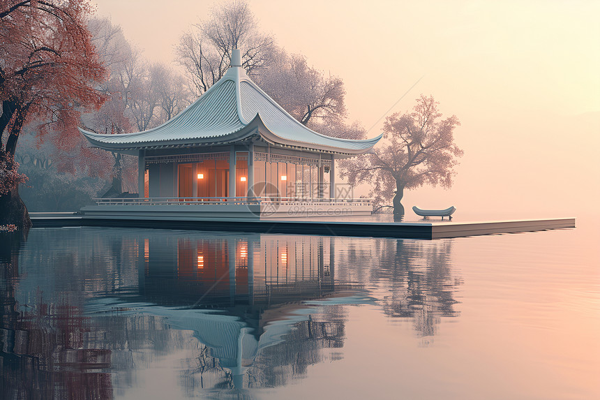 湖畔雾霭中的中国亭台图片