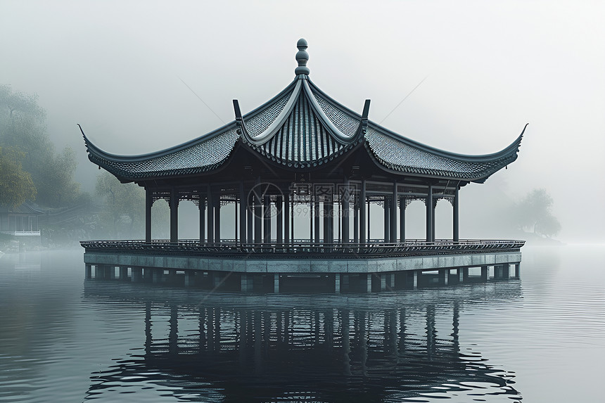 湖面上的中国亭子图片