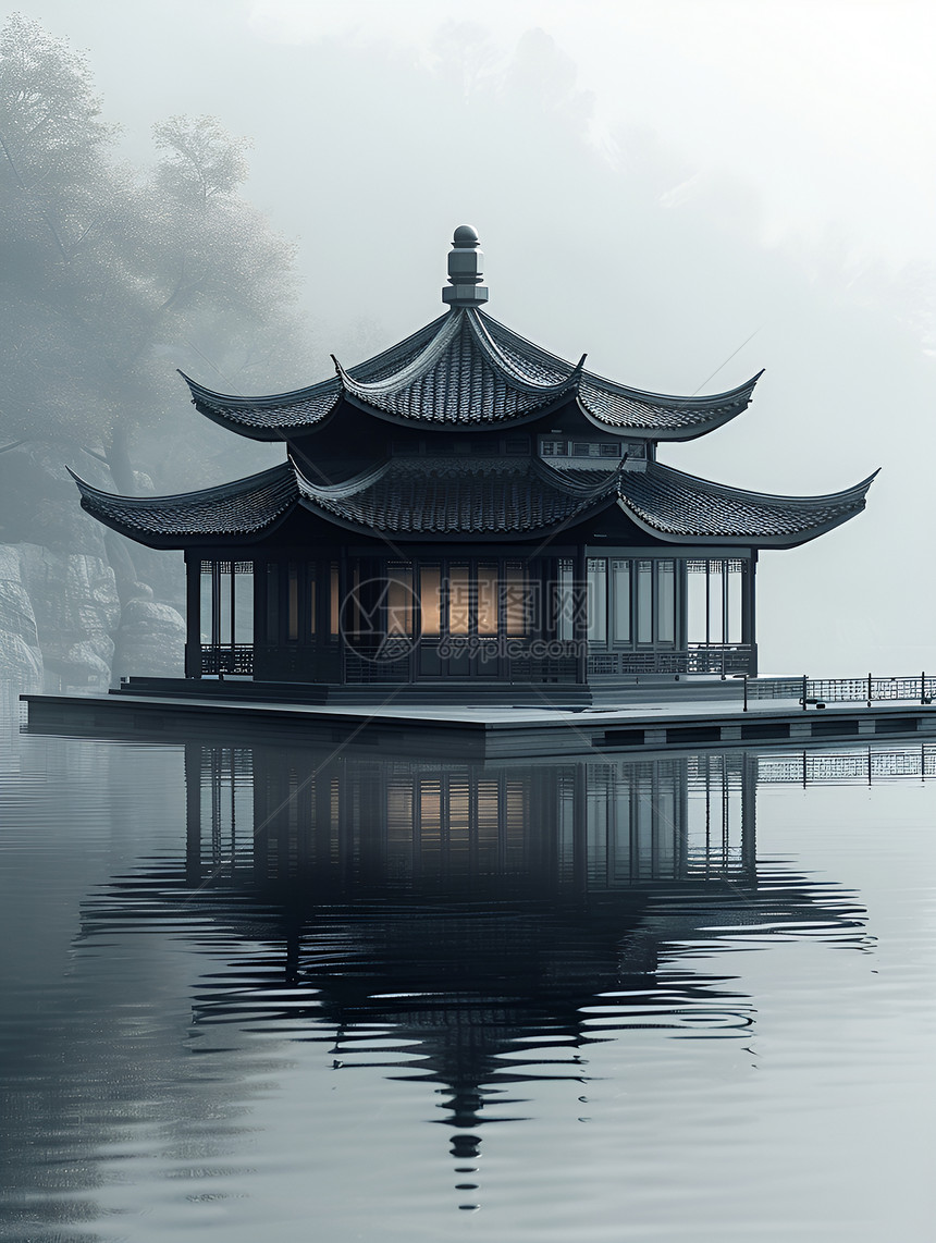 湖畔雾林下的中国亭台图片