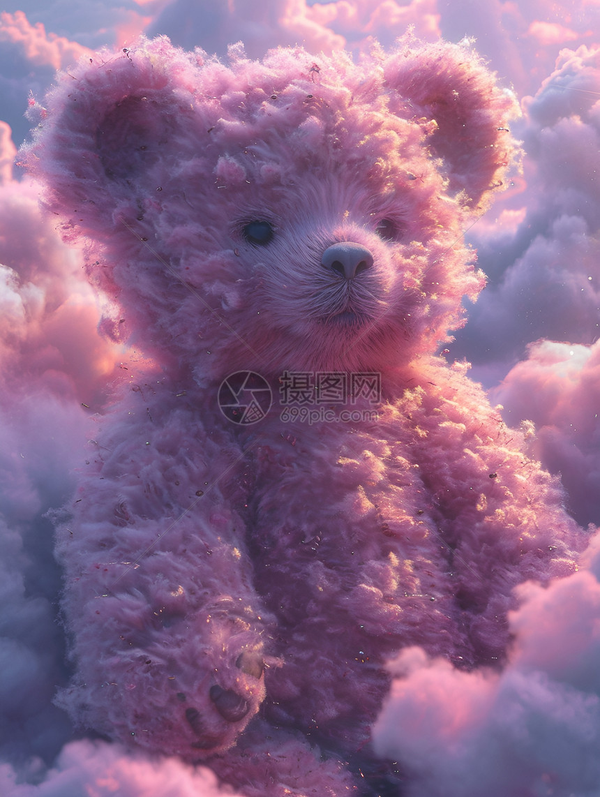 飘浮云中的紫色泰迪熊图片