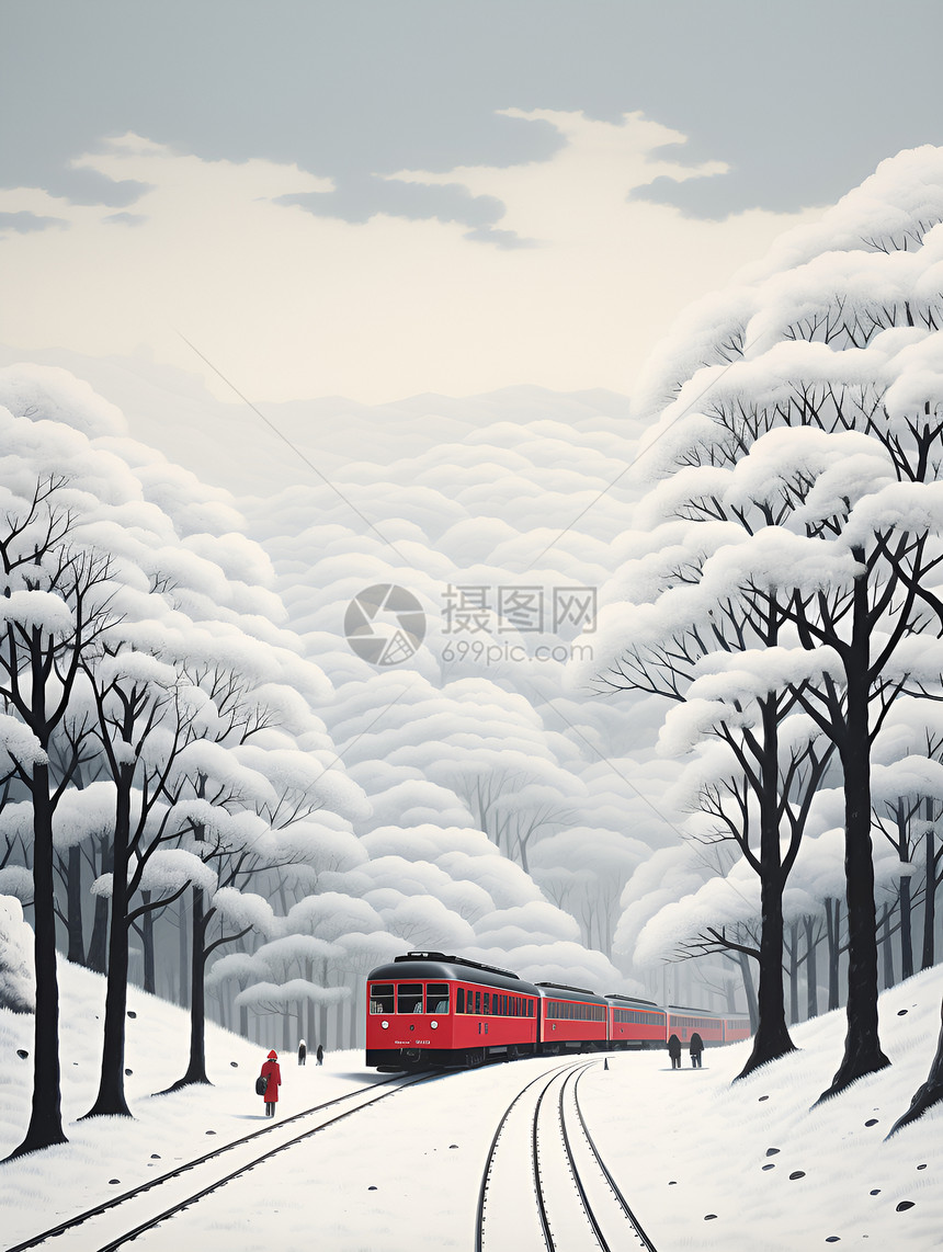 冬日林间的红色列车图片