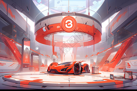 橙色汽车展台上的未来之车插画