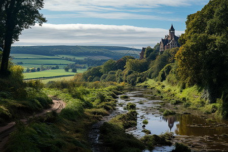 河流远处的城堡背景图片