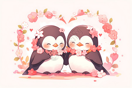 依偎在一起情侣两只企鹅在粉色背景下靠在一起插画