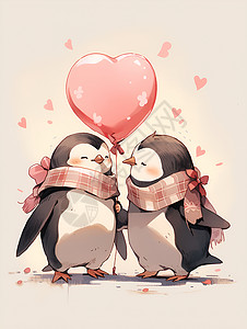 手握爱心气球的企鹅情侣背景图片