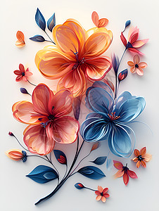 彩色纸质装饰物白色背景下的绚丽花卉插画