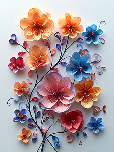 彩色纸质装饰物绚烂春日花卉背景插画