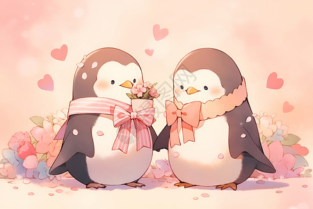 甜蜜浪漫的一对企鹅背景图片