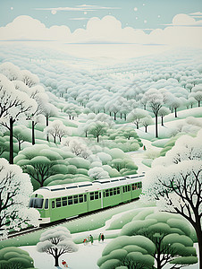 森林铁路银白世界的森林小火车插画
