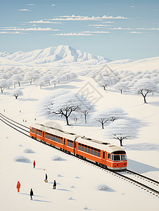 森林铁路雪地中火车穿越林间插画