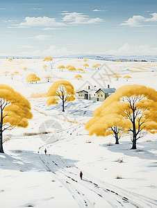 森林铁路雪原上黄色的铁路插画