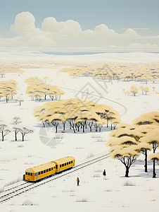 森林铁路列车穿过白茫茫的雪原插画