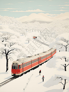 森林铁路火车穿越白雪覆盖的森林插画
