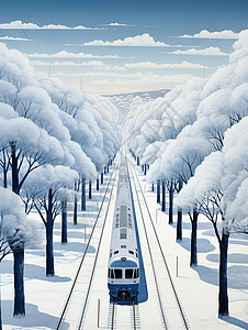 森林铁路雪地森林中火车飞驰插画