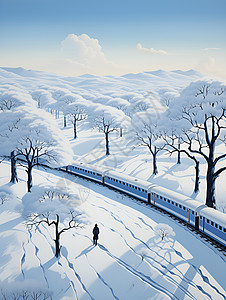 森林铁路列车穿越雪地插画