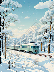 森林铁路列车在积雪覆盖的林地上蜿蜒而过插画