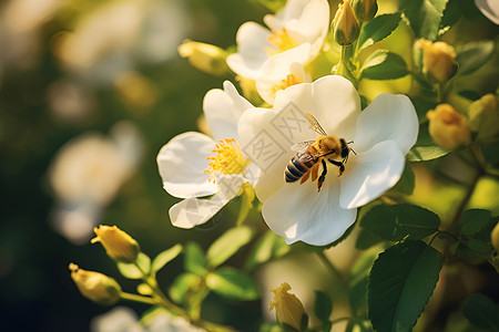 昆虫开花白色花朵上的蜜蜂背景