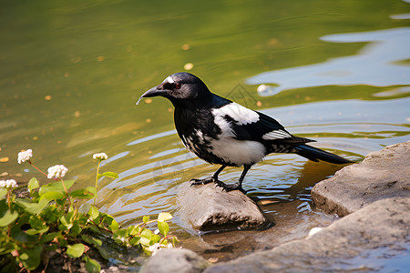 湖边石头上的水鸟背景图片