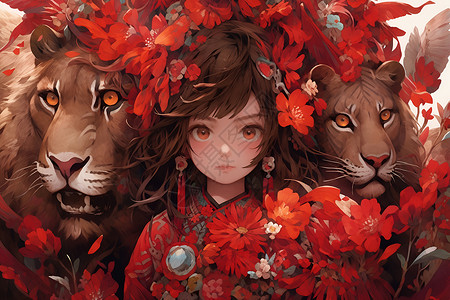 狮子和女孩背景图片