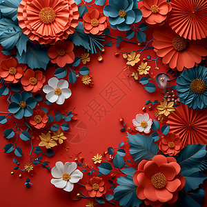 红色背景下的花朵与扇子背景图片