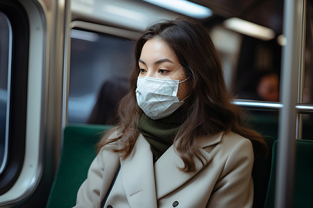 女子在火车上佩戴口罩背景图片