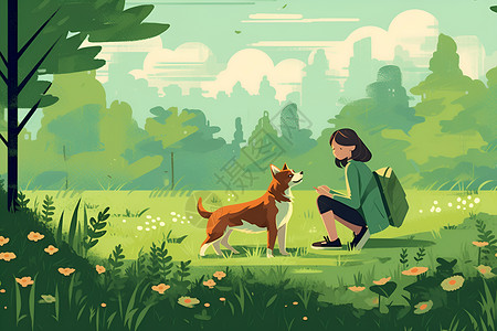 草地上的小狗和女孩背景图片
