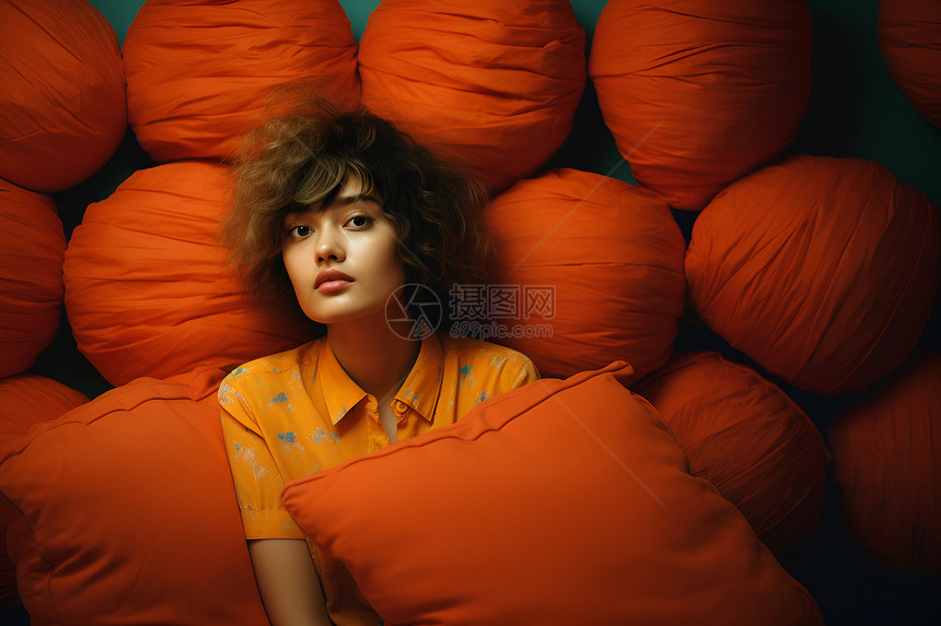 橙色场景中的年轻女子图片