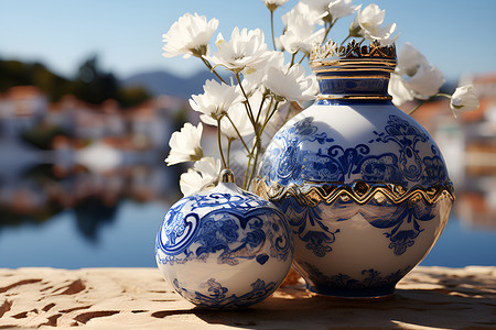 古风清幽的青花瓷花瓶背景图片