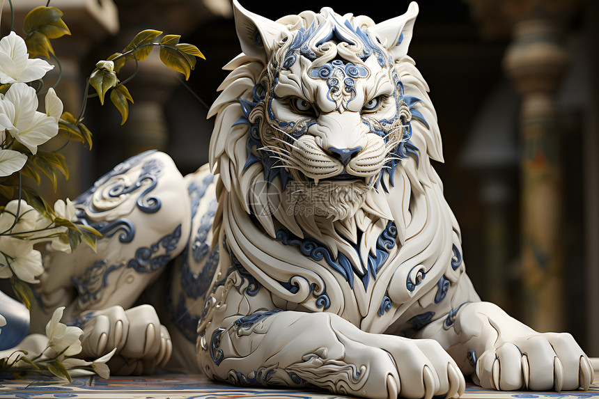 青花瓷风格的老虎雕像插图图片