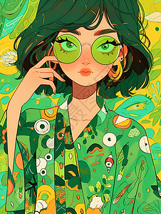 时尚魅力的绿衣少女插图背景图片