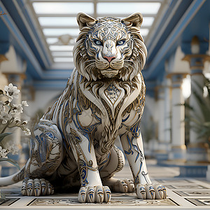 青花风格的老虎雕像插图背景图片
