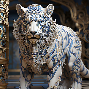 3D剪纸风艺术的狮子雕像插图背景图片