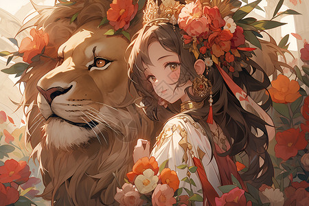 狮头花冠下的女孩背景图片