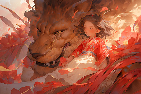 狮子与女孩的邂逅背景图片