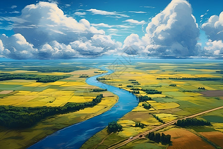 农村河流绘画的田地和河流插画