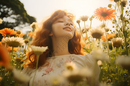 花海中休息的女子背景图片