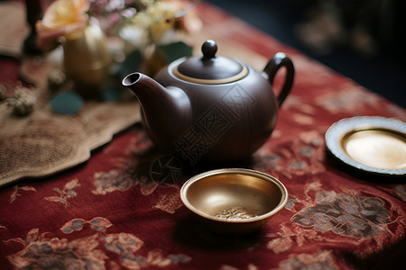 静物花卉与陶瓷茶壶背景图片