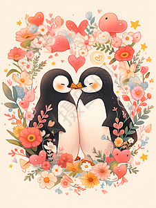 可爱的卡通企鹅情侣背景图片