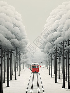 红色画面红色列车穿越白雪森林的画面插画
