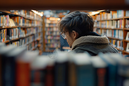图书馆中阅读书籍的男子背景图片